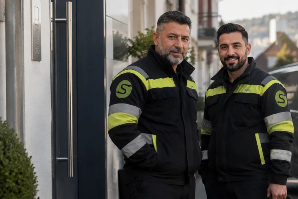 Über uns 1 KI-generiertes Bild: zwei Schlüsseldienst-Mitarbeiter in Arbeitskleidung mit S-Logo vor einer Haustür